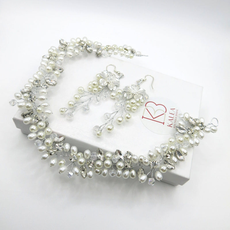 Princess Pearl Tiara and Earrings, Bridal Pearl Headband, Wedding Pearl Head Wreath, Pearl Crown Headpiece - KaleaBoutique.com