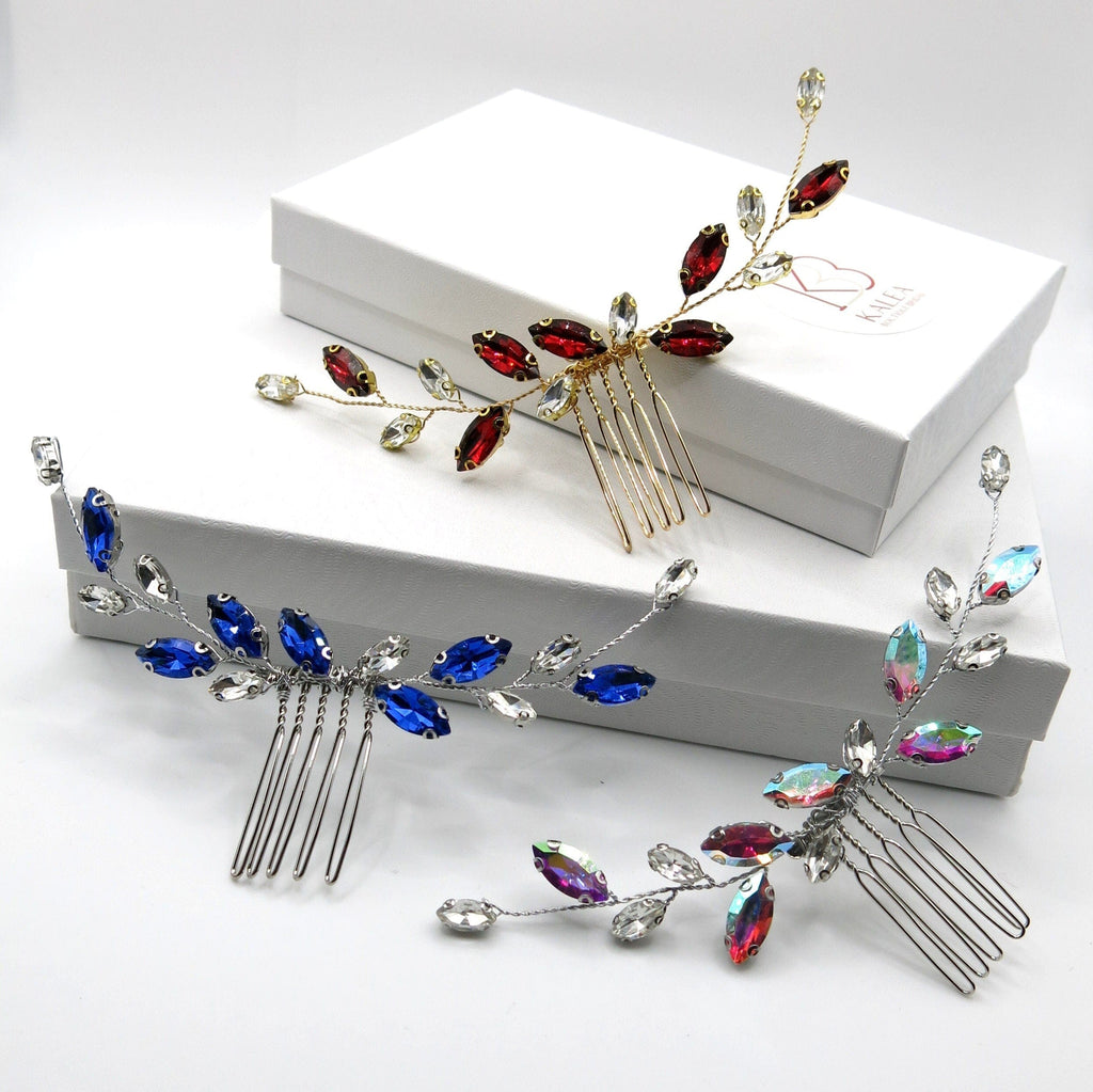 Simply Elegant Small Bridal Hair Comb in Blue, Wine Red or AB Rhinestone Crystals, Wedding Crystal Bridesmaids Hairpin - KaleaBoutique.com