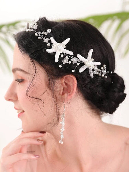 etsy bridal haor accessories star fish Starfish Pearl Hair Vine, Beach Wedding Headpiece, Bridal Mermaid Style Hair Wire Tiara, Starfish Head Wreath