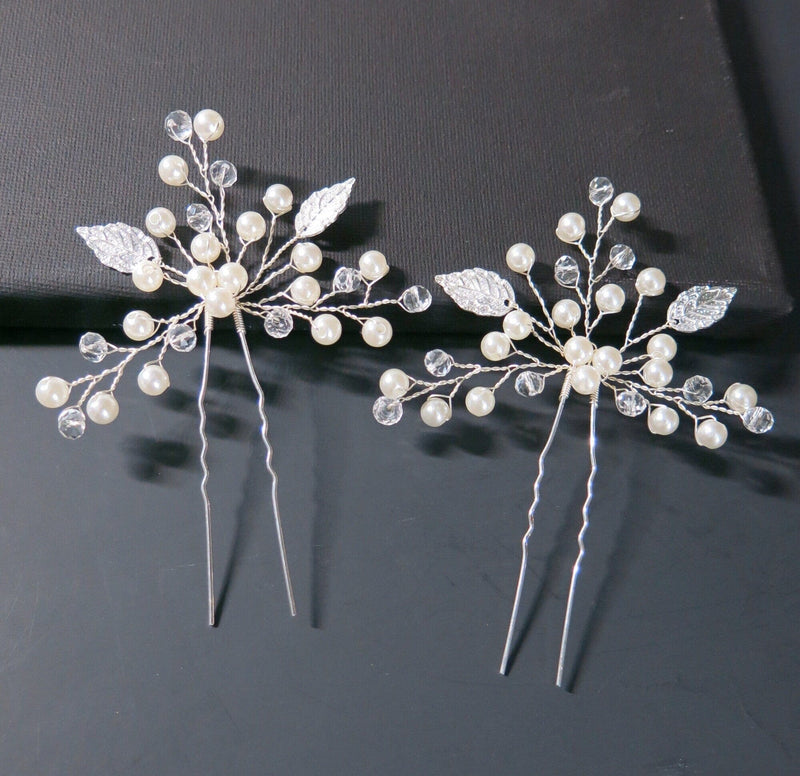 Three Branches Large Bridal 2 PC Hairpin Set, Embossed Silver Leaf Hair Pins for Wedding - KaleaBoutique.com