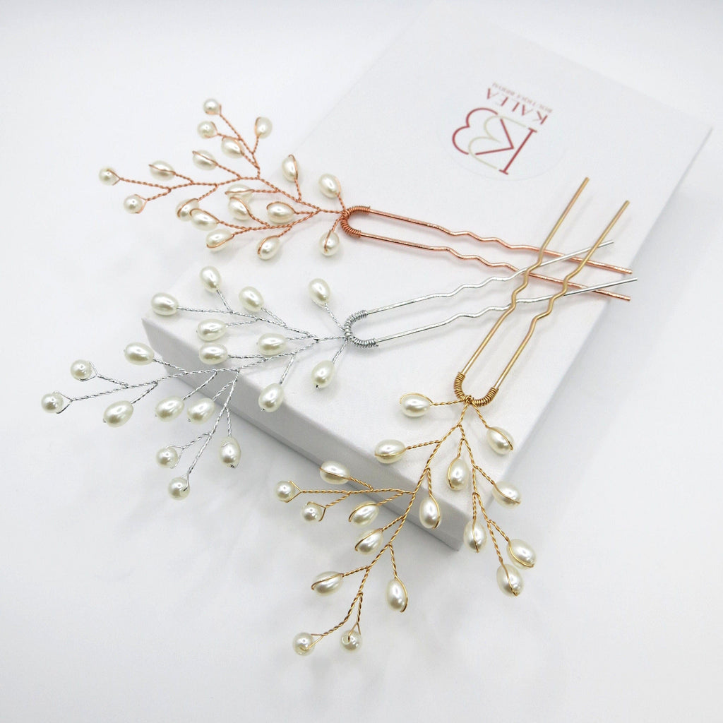 Tree Branch Pearl Wire 3 PC Hairpin Set, Wedding Floral Hair Pin, Bridal Pearl Wire Large Hairpins, Set of 3 - KaleaBoutique.com