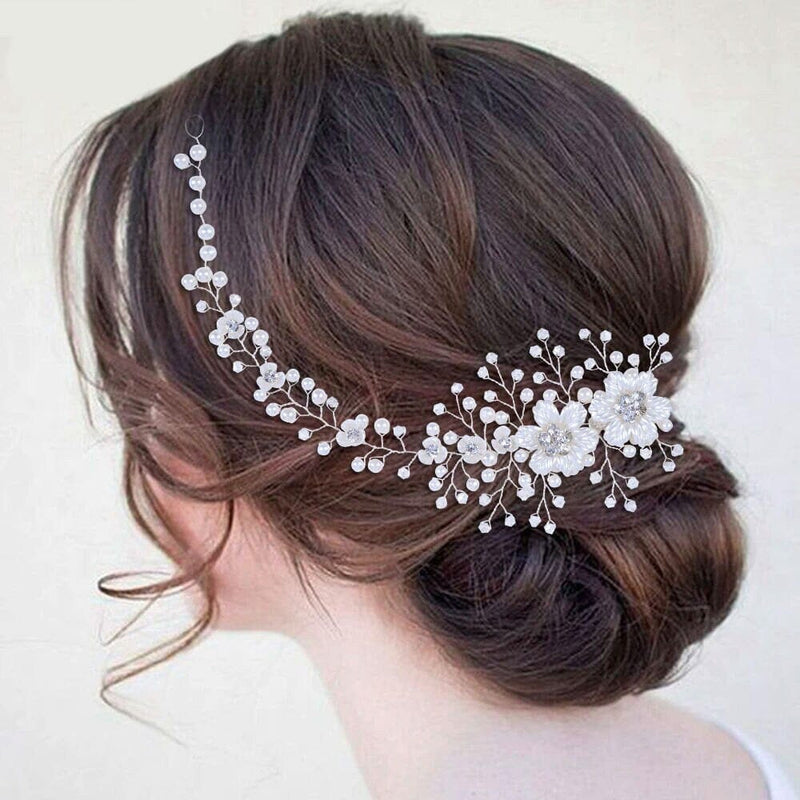 Wedding Pearl Hair Vine, Bridal Pearl Hair Wire Headband, Floral Head Wreath Hairpiece, Crystal Flower Hair Wire - KaleaBoutique.com