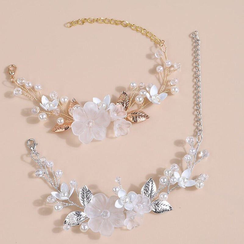 White Flower Bridal Bracelet, Floral Pearl Wire Wedding Bracelet, Bridal Shower Flower Petal Bracelet - KaleaBoutique.com