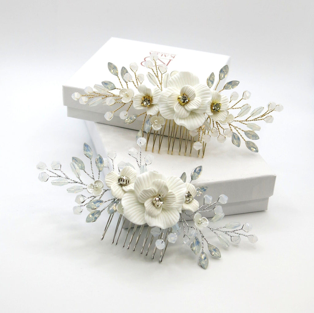 White Flower Opal Leaf Hair Comb, Milky Opal Crystal Bridal Hairpiece, Wedding Floral Hair Comb or Flower Hair Clips - KaleaBoutique.com