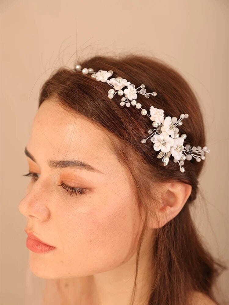 White Flower Hair Vine with Dual Combs, Bridal Pearl Wire Wedding Headband Floral Head Wreath Hair Vine - KaleaBoutique.com