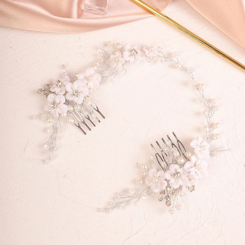 White Flower Hair Vine with Dual Combs, Bridal Pearl Wire Wedding Headband Floral Head Wreath Hair Vine - KaleaBoutique.com