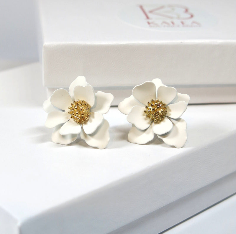 White Flower Large Ear Studs, Wedding Floral Studs, Large Flowerhead Bride Earrings, Big Layered Flower Studs - KaleaBoutique.com