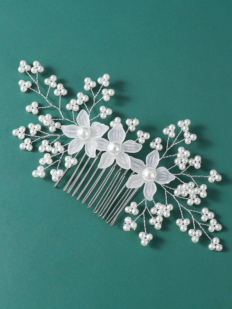 White Flower Pearl Hair Comb, Bridal Silver Wire Hair Comb, Floral Wedding Hairpin Minimalist Headpiece - KaleaBoutique.com