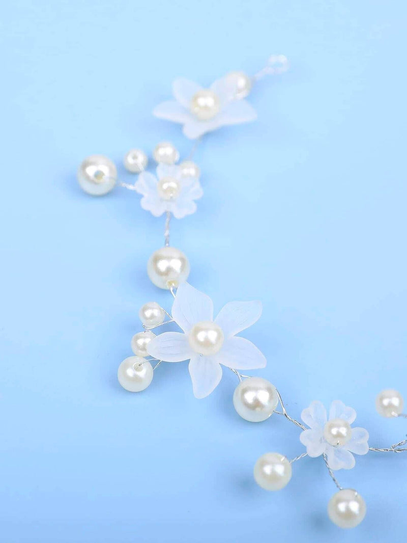 White Flower Pearl Wire Headband, Wedding Silver Wire Headband, Bridal Floral Tiara Head Wreath - KaleaBoutique.com
