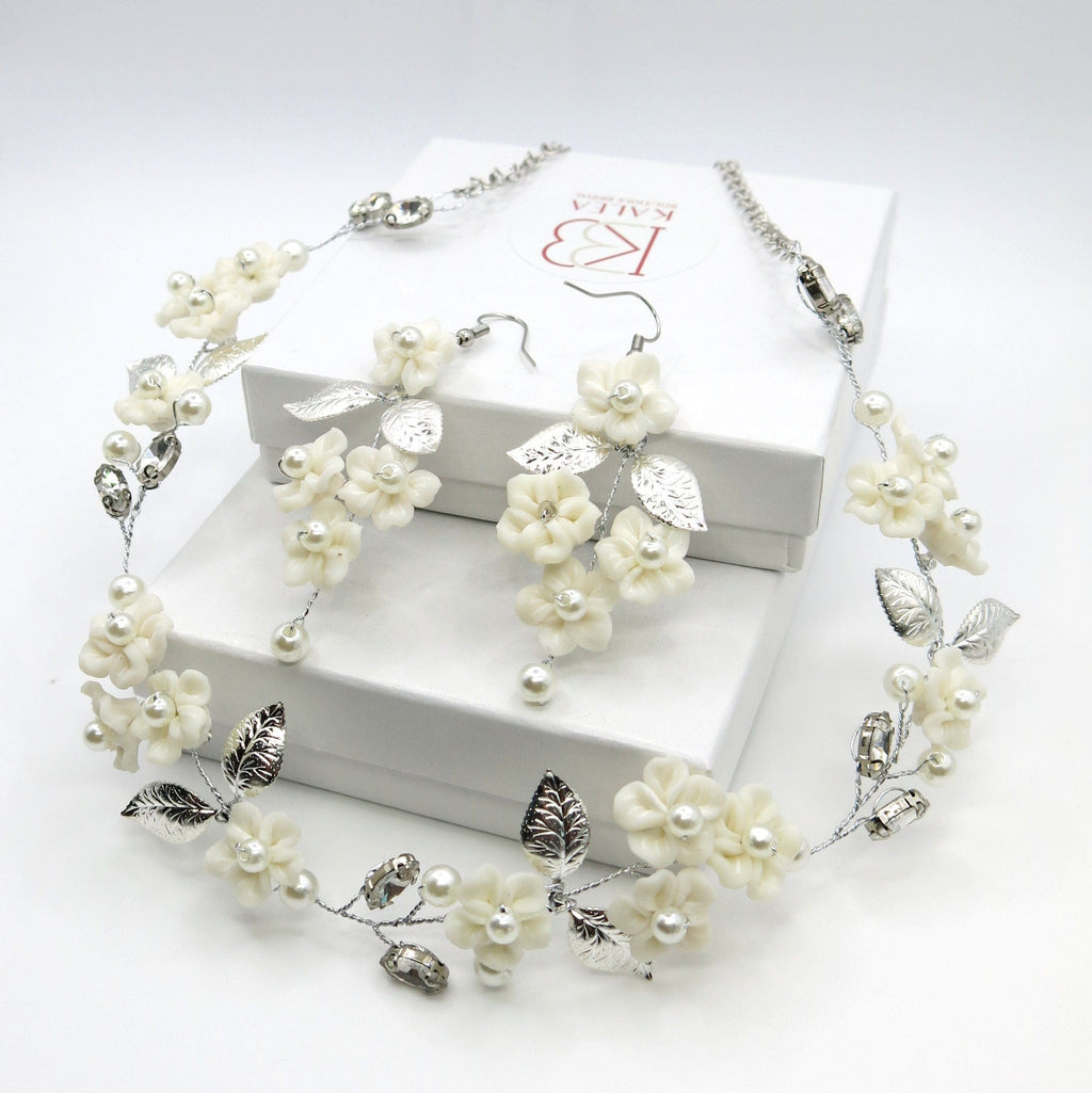 White Flower Wedding 3 PC Jewelry Set, Porcelain Flower Necklace and Earrings, or Floral Wire Bracelet or Headband - KaleaBoutique.com