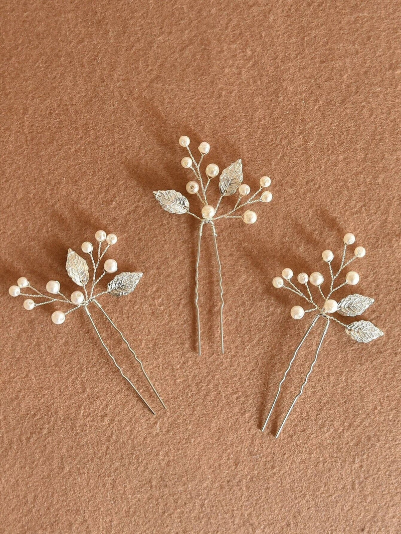 White Pearl and Metal Leaf 3 PC Hairpin Set, Bridal Pearl Wire Hair Pins, Prom Pearl Headpiece Set - KaleaBoutique.com