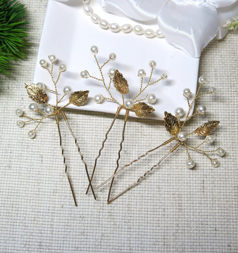 White Pearl and Metal Leaf 3 PC Hairpin Set, Bridal Pearl Wire Hair Pins, Prom Pearl Headpiece Set - KaleaBoutique.com