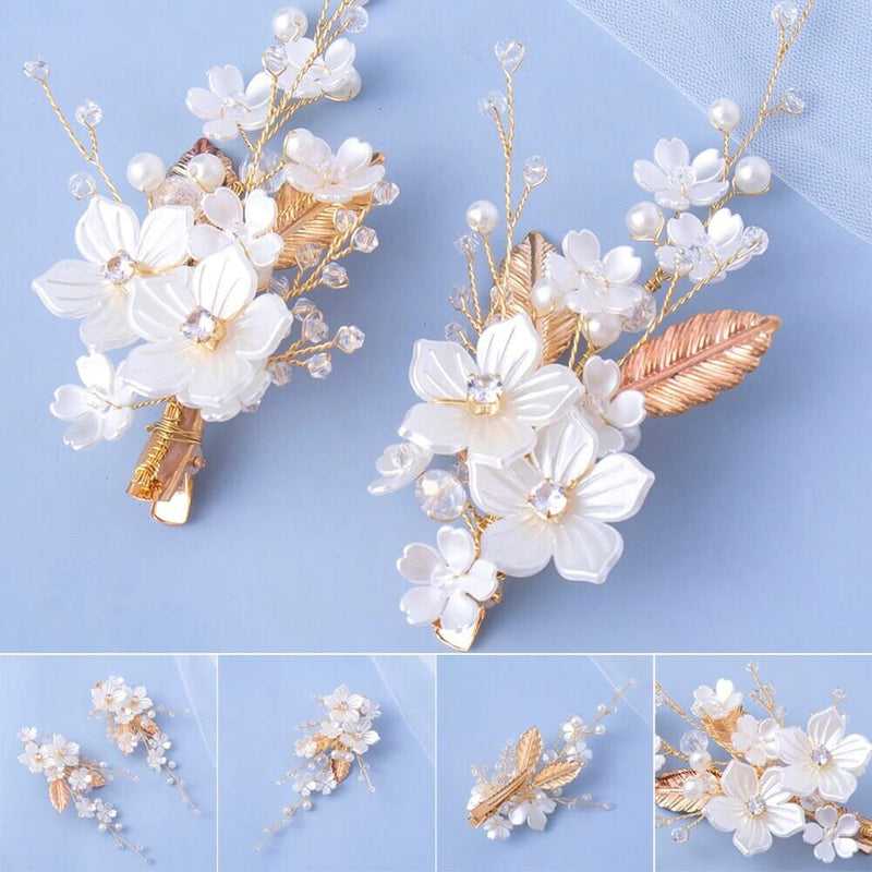 White Pearl Flower 2 PC Hairclip Set, Wedding Floral Hairclips, Bridal or Prom White Flower Hairpiece - KaleaBoutique.com