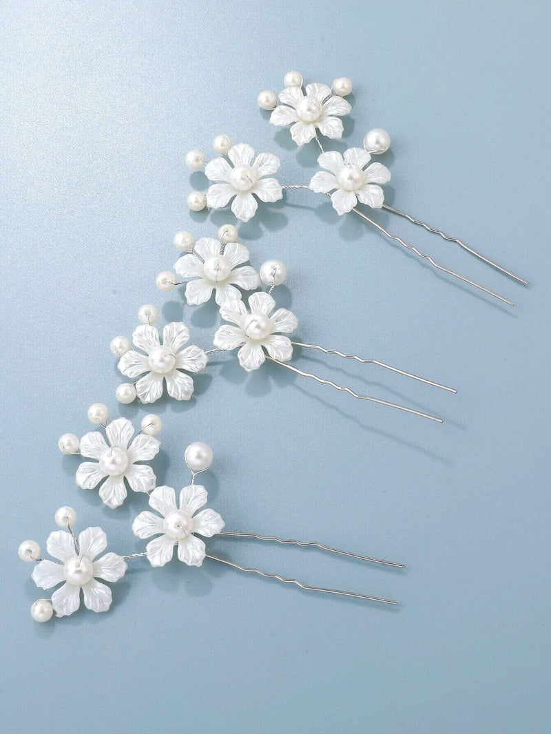 White Pearl Flower 3 PC Hairpin Set for Bride, Wedding Prom Wire Floral Hair Pins, Bridesmaid White Hairpins - KaleaBoutique.com
