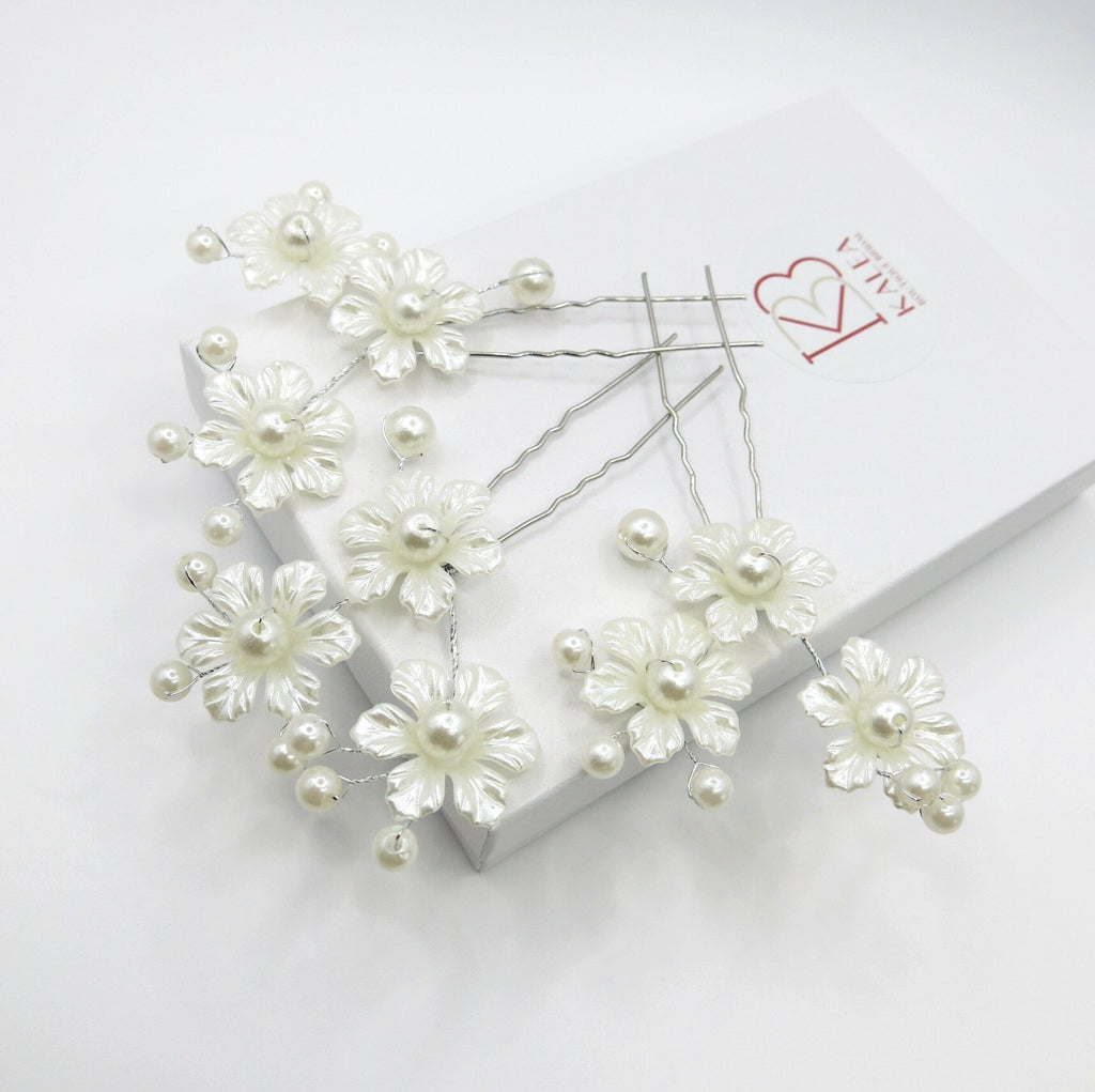 White Pearl Flower 3 PC Hairpin Set for Bride, Wedding Prom Wire Floral Hair Pins, Bridesmaid White Hairpins - KaleaBoutique.com