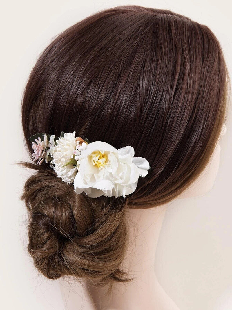 Silk Flower Bouquet Hair Comb, Wedding Romantic Floral Hairdo Headpiece, Bridal White Rose Hairpiece, Bridesmaid Silk Flower Hairpin - KaleaBoutique.com