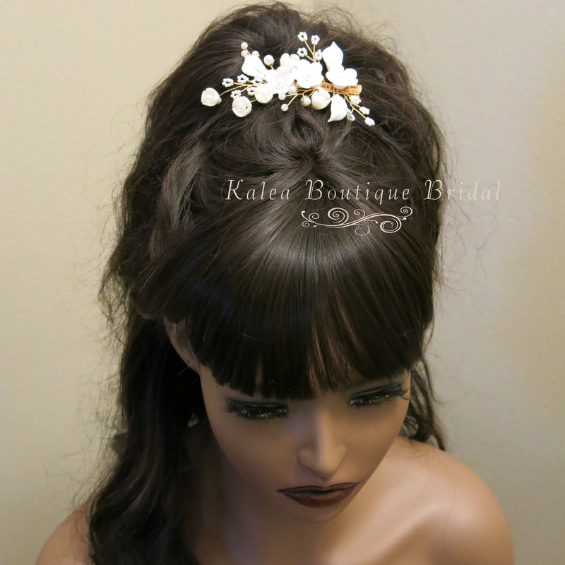 Ceramic Flower Bridal Pearl Hairclip, Rhinestone Leaf Wedding Alligator Hairclip, Bridesmaid Gold Flower Hairpiece - KaleaBoutique.com