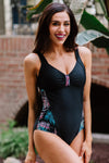 KaleaBoutique Leaves Splicing Ruched Front Open Back One-Piece Swimsuit - KaleaBoutique.com