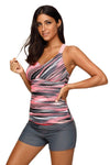 Women Khaki Pink Fuzzy Stripe Print Multi String Racer Back Swim Wear Tankini Top - KaleaBoutique.com