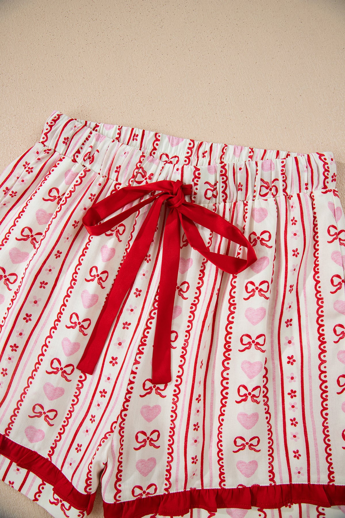 KaleaBoutique Stylish Sweet Floral Heart Bow Print Contrast Trim Long Sleeve Shirt Pajama Short Set - KaleaBoutique.com