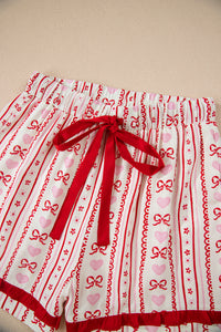 KaleaBoutique Stylish Sweet Floral Heart Bow Print Contrast Trim Long Sleeve Shirt Pajama Short Set - KaleaBoutique.com