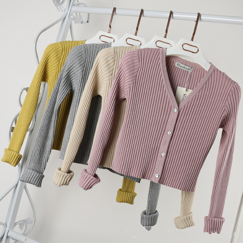 Women's Cropped Ribbed V-Neck Button-Front Cardigan - KaleaBoutique.com