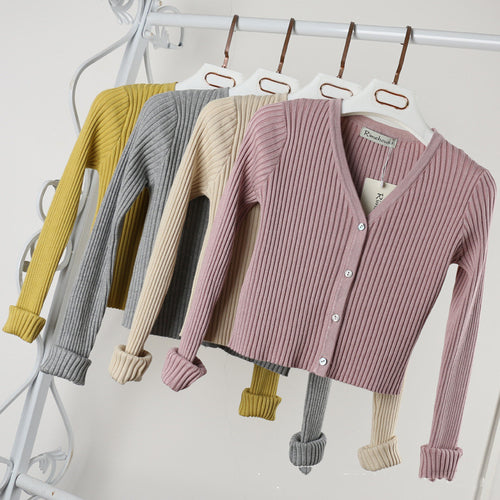 Women's Cropped Ribbed V-Neck Button-Front Cardigan - KaleaBoutique.com