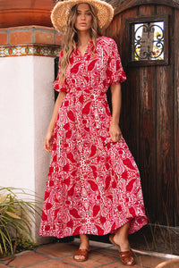 KaleaBoutique Stylish Paisley Print Side Slit Puff Sleeve High Waist Maxi Dress - KaleaBoutique.com