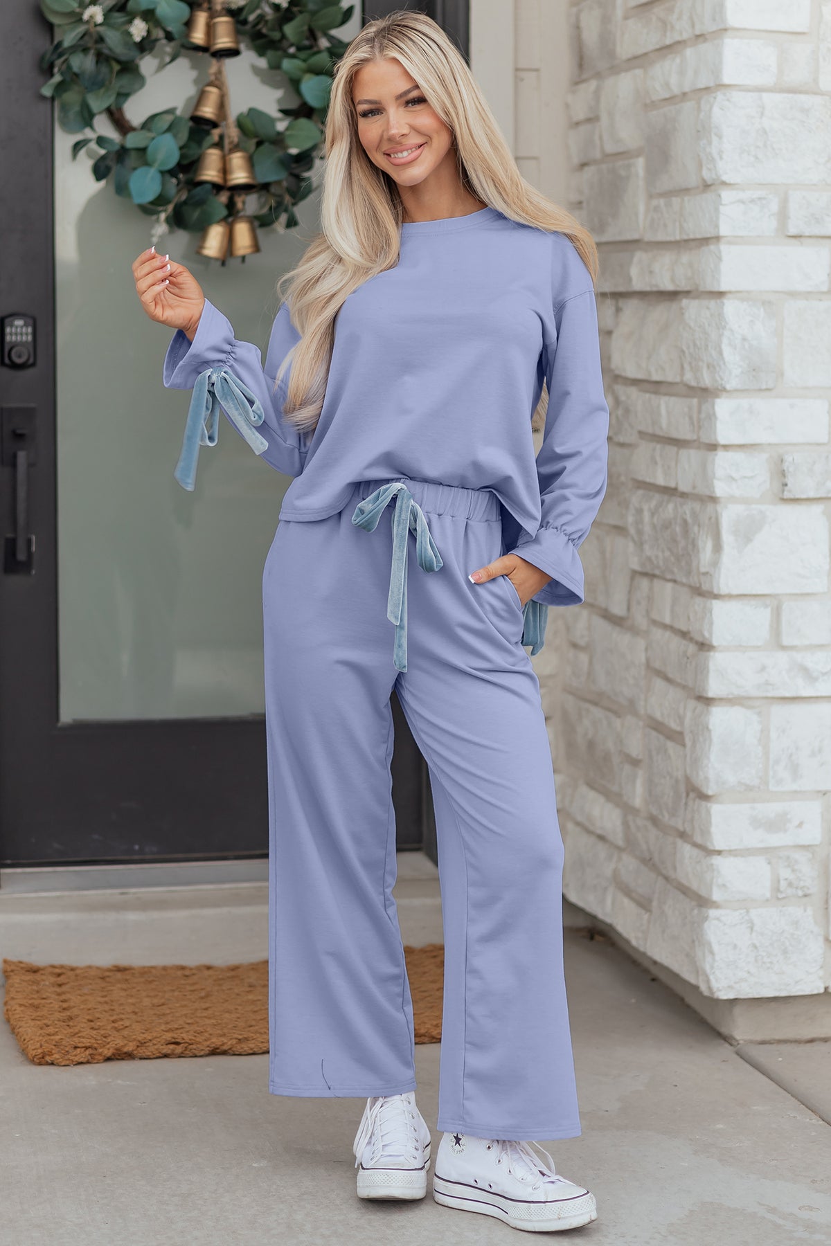 KaleaBoutique Comfortable Flounce Long Sleeve Top Drawstring Pants Contrast Velvet Bow Knot 2pcs Lounge Set - KaleaBoutique.com