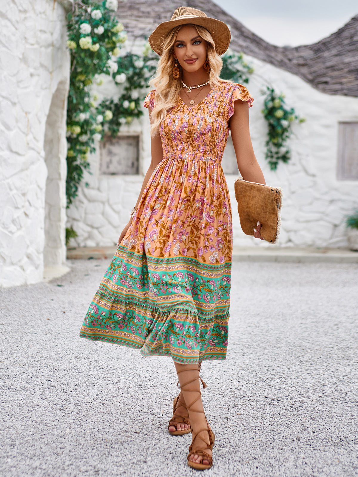 New Flowers Print V-neck Dress Summer Casual Ruffle Sleeveless Dresses Bohemian Holiday Beach Dress For Womens Clothing - KaleaBoutique.com