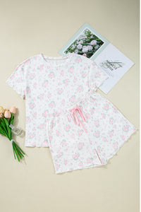 KaleaBoutique Stylish Floral Lettuce Trim Tee and Shorts Ribbed Lounge Set - KaleaBoutique.com