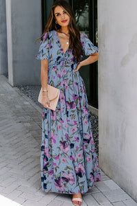 KaleaBoutique Stylish Fiery Floral Print Frilled V Neck Short Sleeve Maxi Dress - KaleaBoutique.com