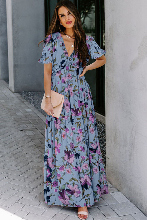 KaleaBoutique Stylish Fiery Floral Print Frilled V Neck Short Sleeve Maxi Dress - KaleaBoutique.com