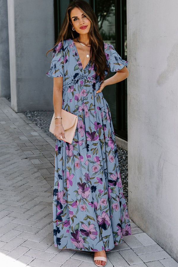 KaleaBoutique Stylish Fiery Floral Print Frilled V Neck Short Sleeve Maxi Dress - KaleaBoutique.com