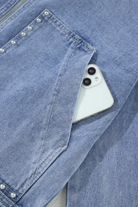 KaleaBoutique Stylish Studded Metal Zipper Rivet Pockets Long Sleeve Denim Jacket - KaleaBoutique.com