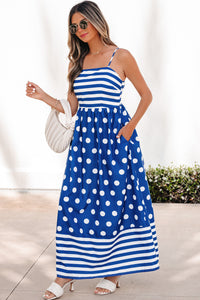 KaleaBoutique Stylish Striped Polka Dot Patchwork High Waist Spaghetti Straps Maxi Dress - KaleaBoutique.com