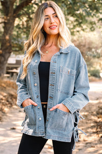 Multi Patched Pockets Side Tie up Boyfriend Style Denim Jacket - KaleaBoutique.com