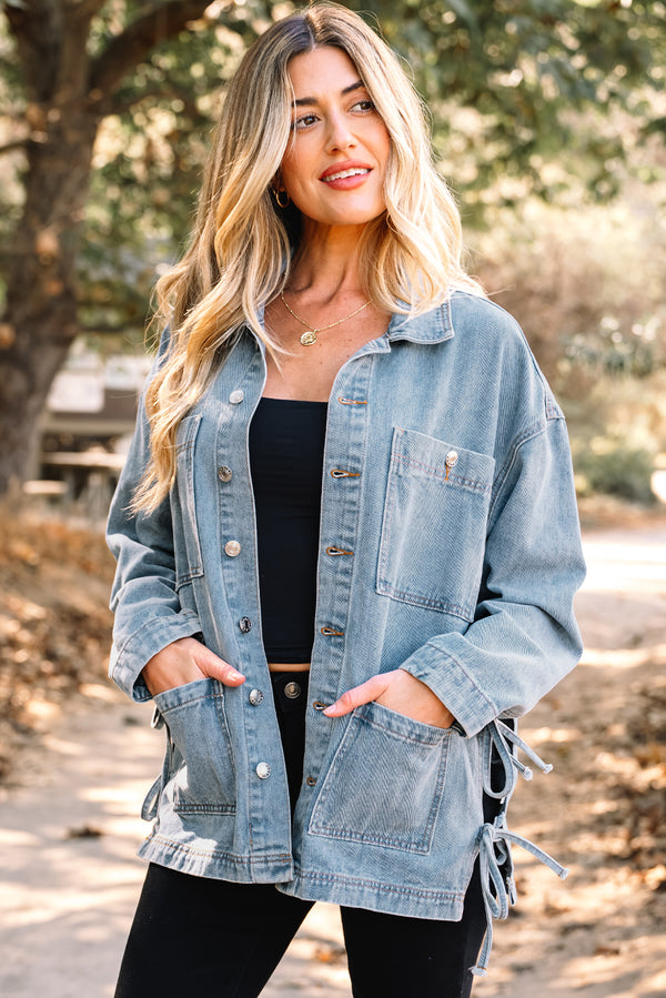 Multi Patched Pockets Side Tie up Boyfriend Style Denim Jacket - KaleaBoutique.com