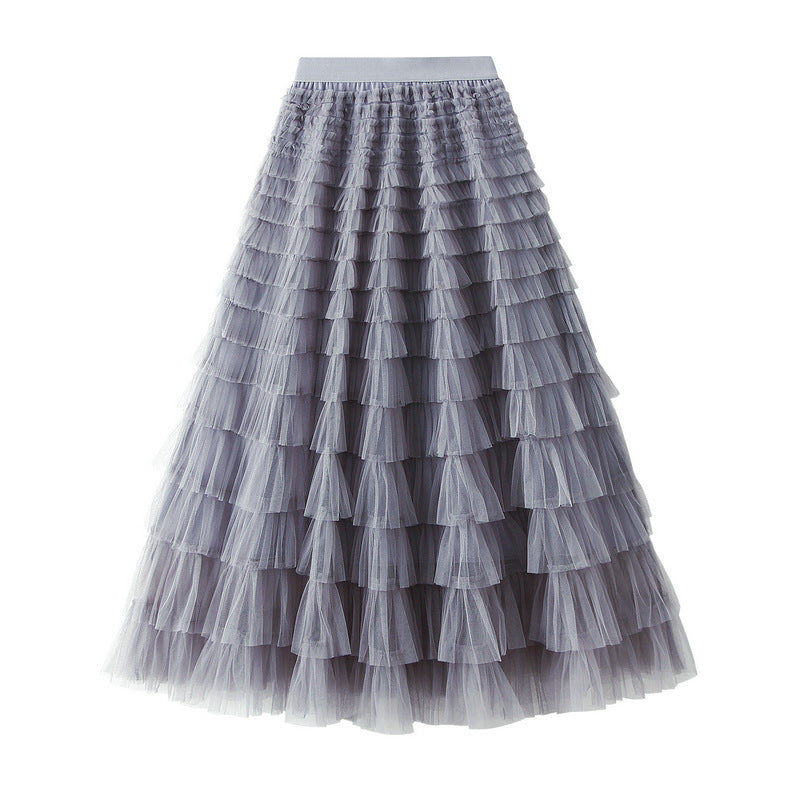 A-Line Mesh Ruffle Skirt Women's Temperament Sweet Long Skirt Slim Cupcake Dress Womens Clothing - KaleaBoutique.com
