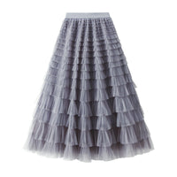 A-Line Mesh Ruffle Skirt Women's Temperament Sweet Long Skirt Slim Cupcake Dress Womens Clothing - KaleaBoutique.com