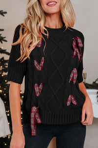 KaleaBoutique Comfortable Plaid Lace up Detail Christmas Holiday Puff Short Sleeve Sweater - KaleaBoutique.com