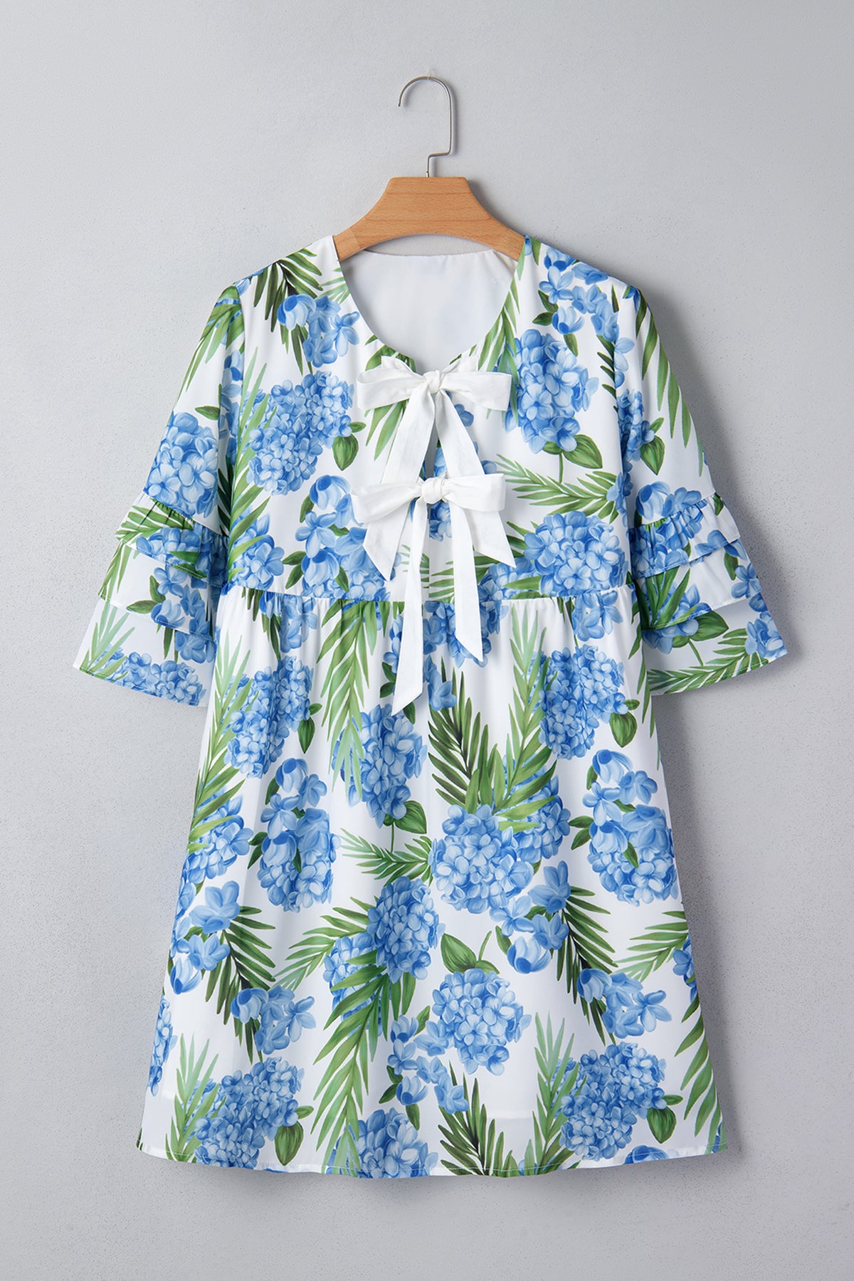 KaleaBoutique Comfortable Palm Floral Print Contrast Ribbon Knot Ruffle Tiered Sleeve Mini Dress - KaleaBoutique.com