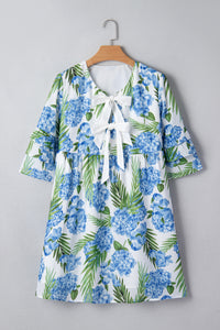 KaleaBoutique Comfortable Palm Floral Print Contrast Ribbon Knot Ruffle Tiered Sleeve Mini Dress - KaleaBoutique.com