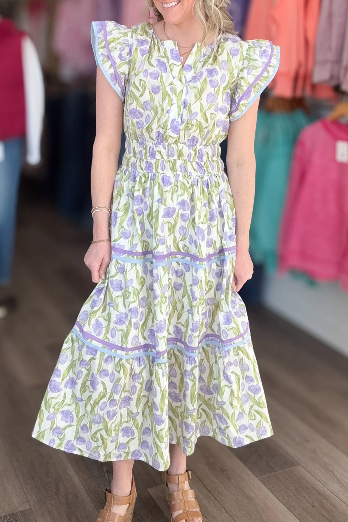 KaleaBoutique Comfortable Tulip Floral Print Contrast Trim Midi Dress - KaleaBoutique.com