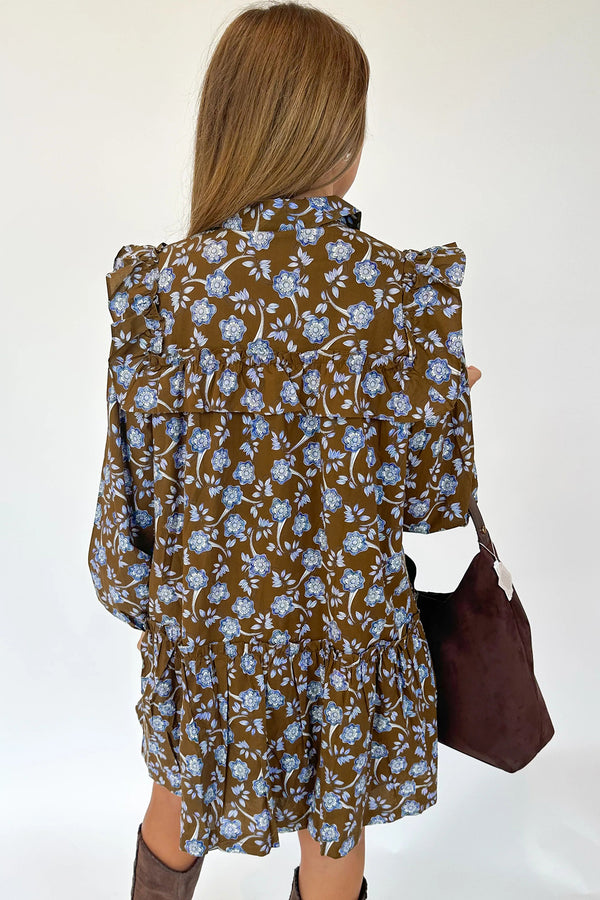 KaleaBoutique Comfortable Floral Print Ruffled Detail Shirt Collar Button Down Long Sleeve Dress - KaleaBoutique.com