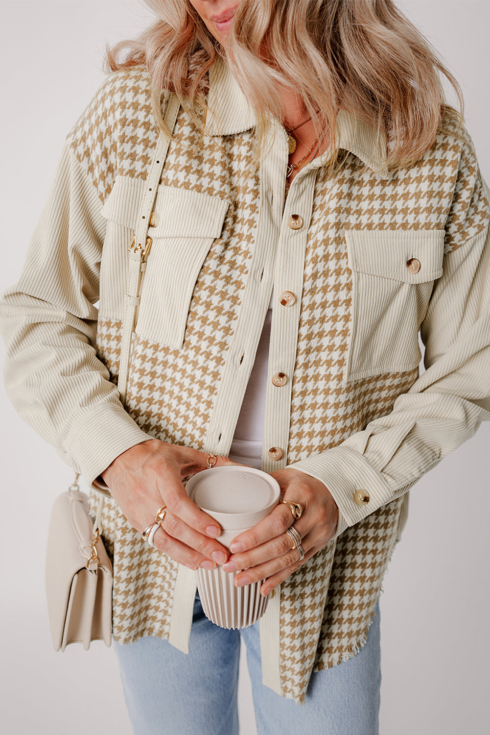KaleaBoutique Houndstooth Corduroy Patchwork Flap Pocket Shacket - KaleaBoutique.com