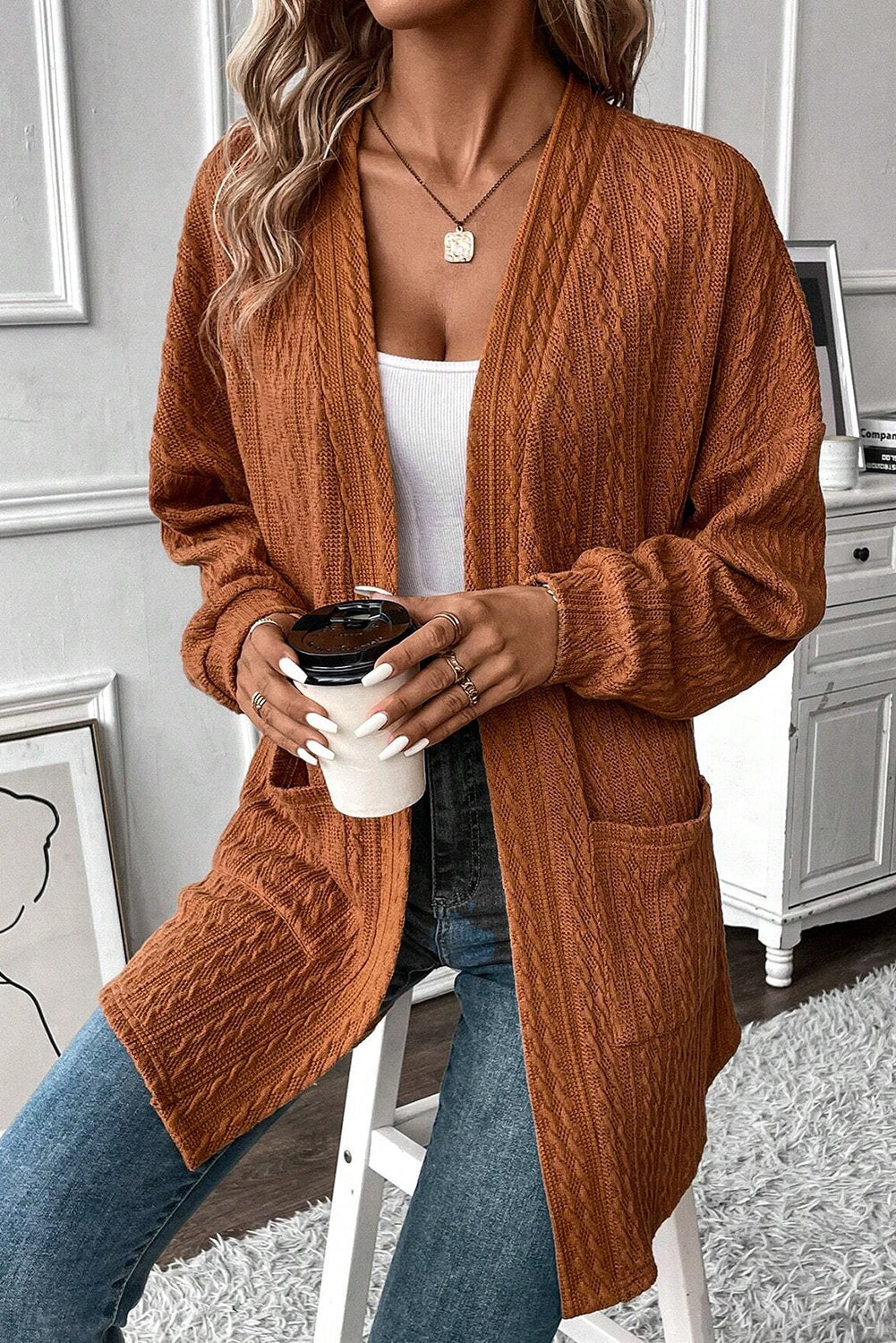 KaleaBoutique Stylish Textured Knit Side Pockets Open Front Cardigan - KaleaBoutique.com