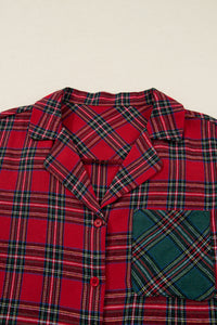KaleaBoutique Comfortable Dearlovers Plaid Contrast Patched Christmas Holiday Long Sleeve Shirt and Short 2pcs Pajama Set - KaleaBoutique.com