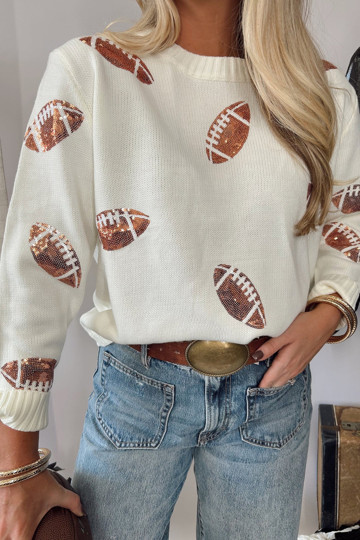 Sequin Football Print Round Neck Long Sleeve Loose Fit Sweater - KaleaBoutique.com
