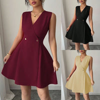 Double-breasted Pleated Sleeveless A-line Mini Dress - KaleaBoutique.com
